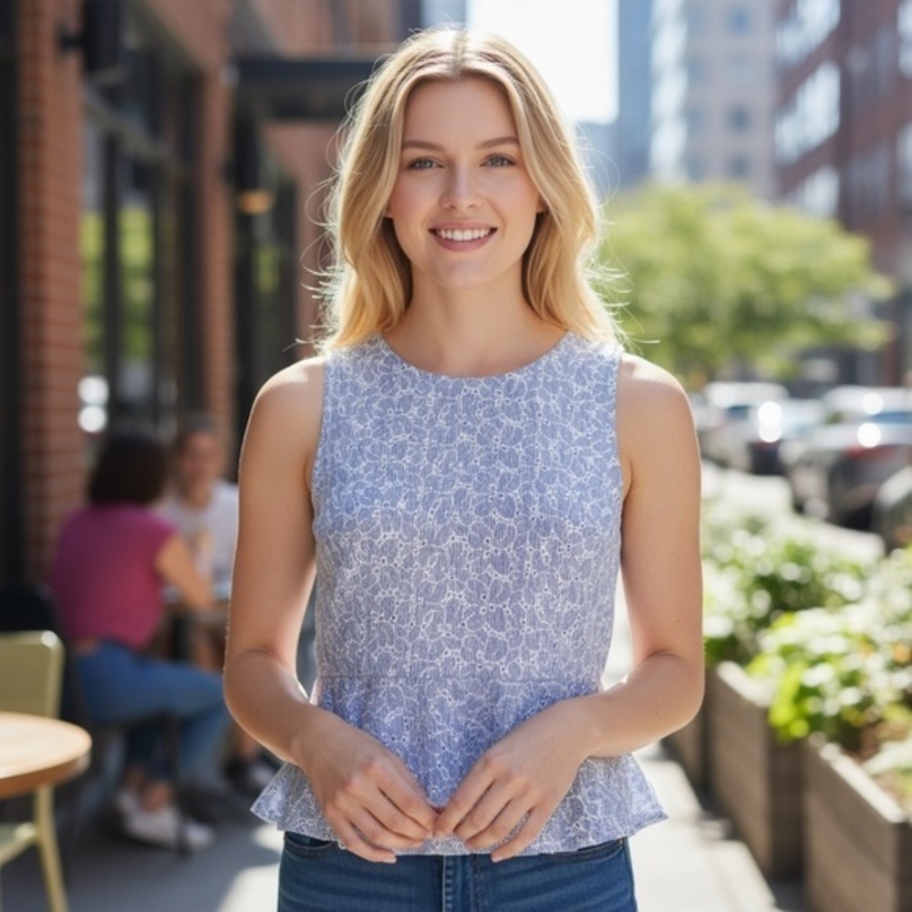Anthropologie HD in Paris Blue Eyelet Sleeveless Peplum Top Size 12